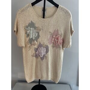 Vintage Koret Silk Blend Sweater XL Floral‎ Applique Beaded Knit Top Cottagecore